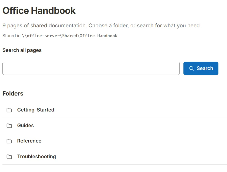 Cairn's home screen for a sample Office Handbook: a list of folders on the left, a search box in the middle, and recently changed pages below.