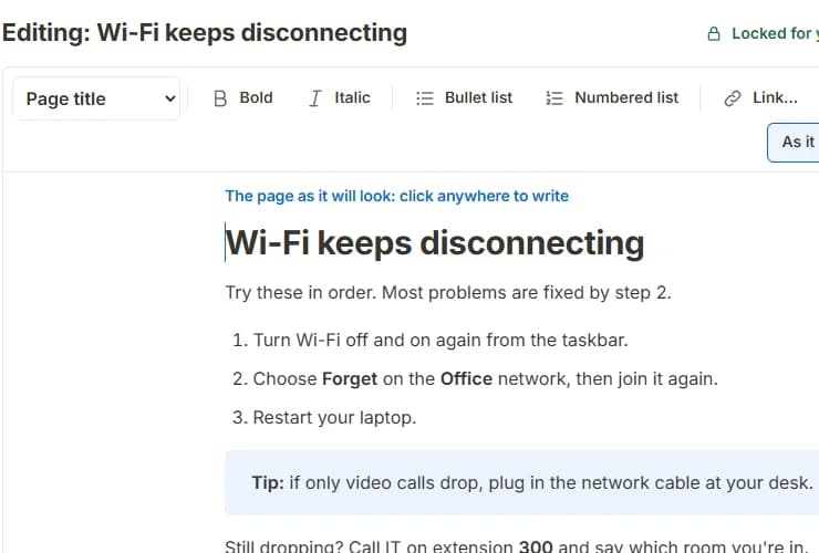The Cairn editor showing a sample page, Wi-Fi keeps disconnecting, with buttons labelled Bold, Italic, Bullet list, Insert picture and a Publish changes button.